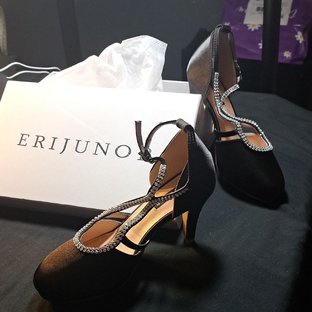 NWT ERIJUNO Black Satin Heels with Rhinestone Straps New With Box.
